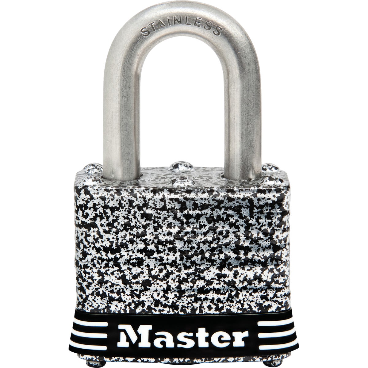 Item 200073, Laminated steel padlock features a laminated steel body design with a tough