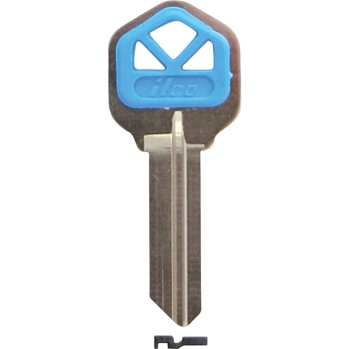Item 201103, Nickel-plated key blank with plastic insert.