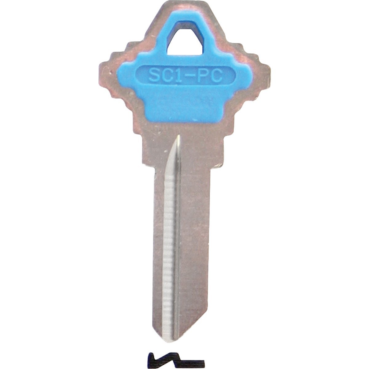 Item 201197, Nickel-plated key blank with plastic insert.