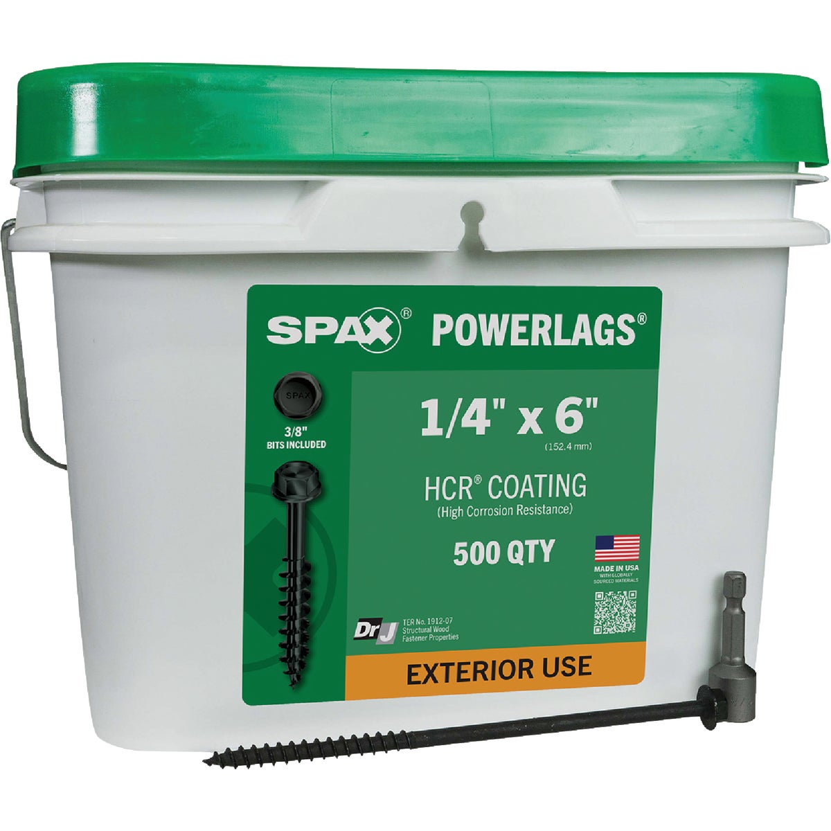 Item 201404, Spax PowerLags Screws have a hex head with integrated washer and HCR (High 