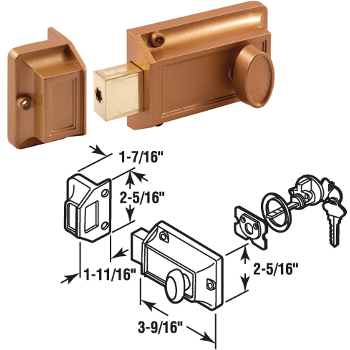 Item 227775, Brass painted die-cast locking unit. 5-pin tumbler cylinder.
