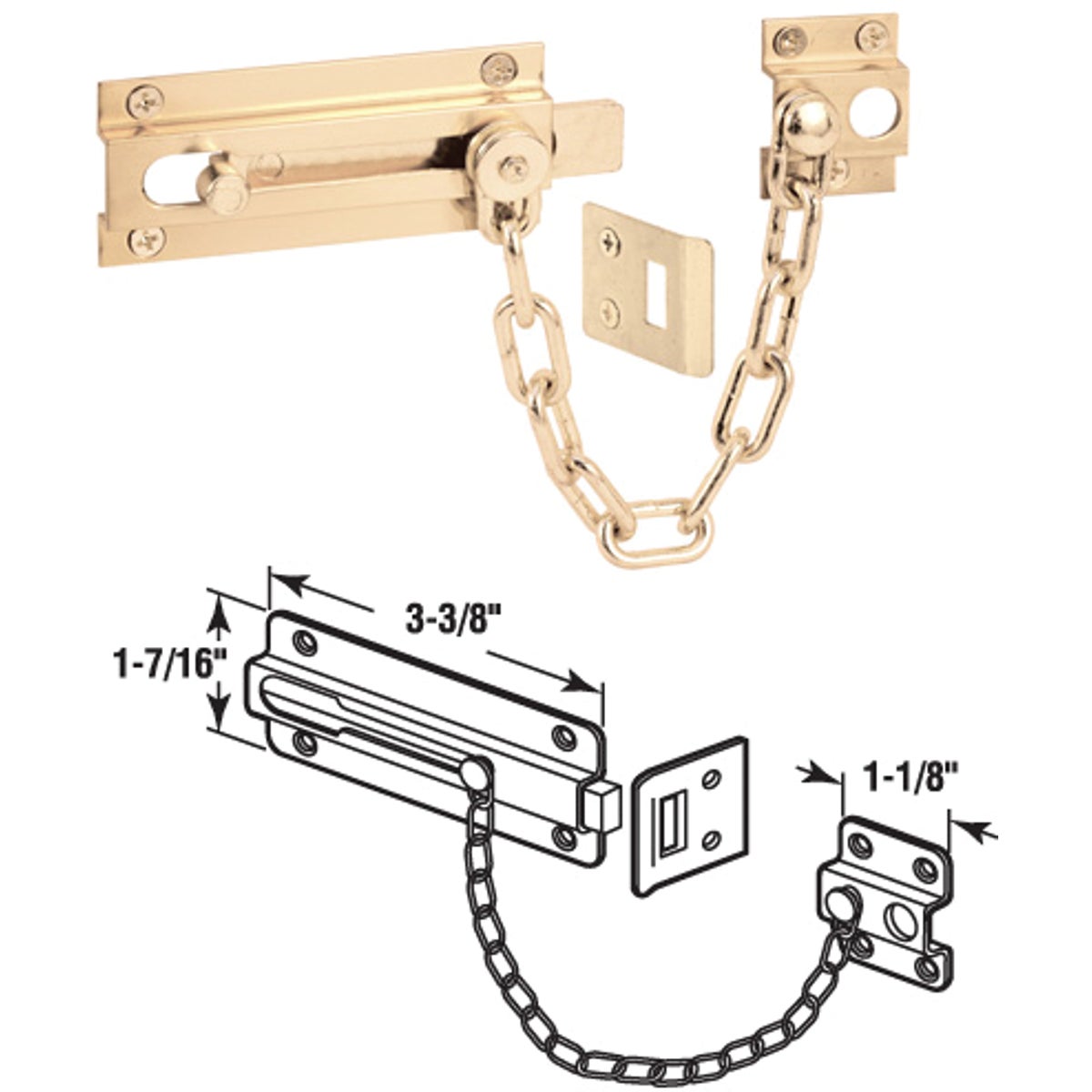 Item 233349, Hand polished brass chain bolt protects against forced entry.