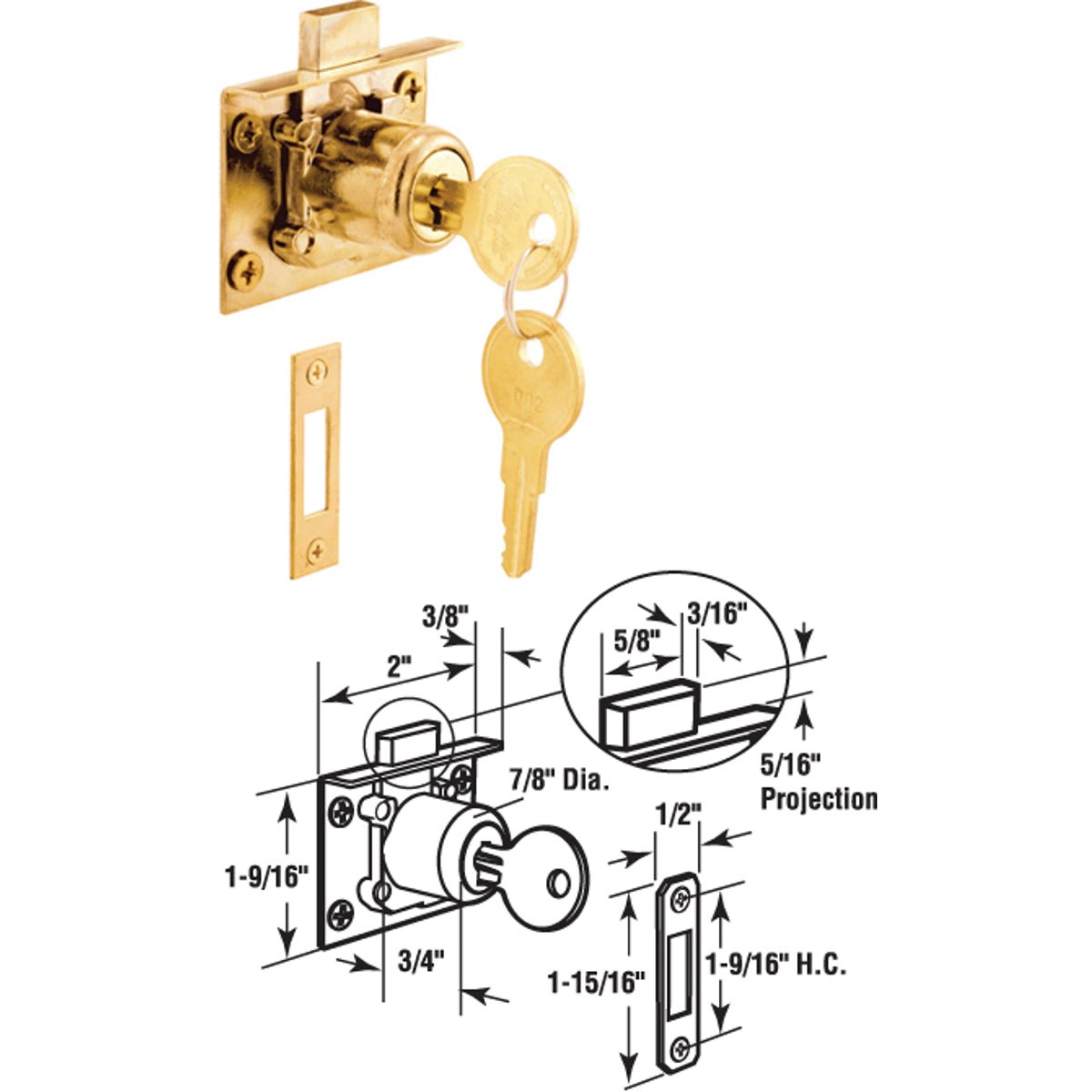 Item 233697, Drawer and cabinet lock with keeper; brass plated finish, fits up to a 7/8 