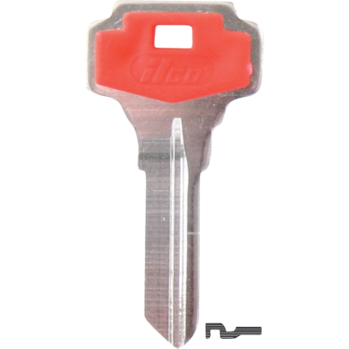 Item 235374, Nickel-plated key blank with plastic insert.