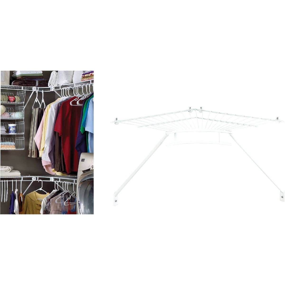Item 235385, White corner shelf has a vinyl-coated wire construction.