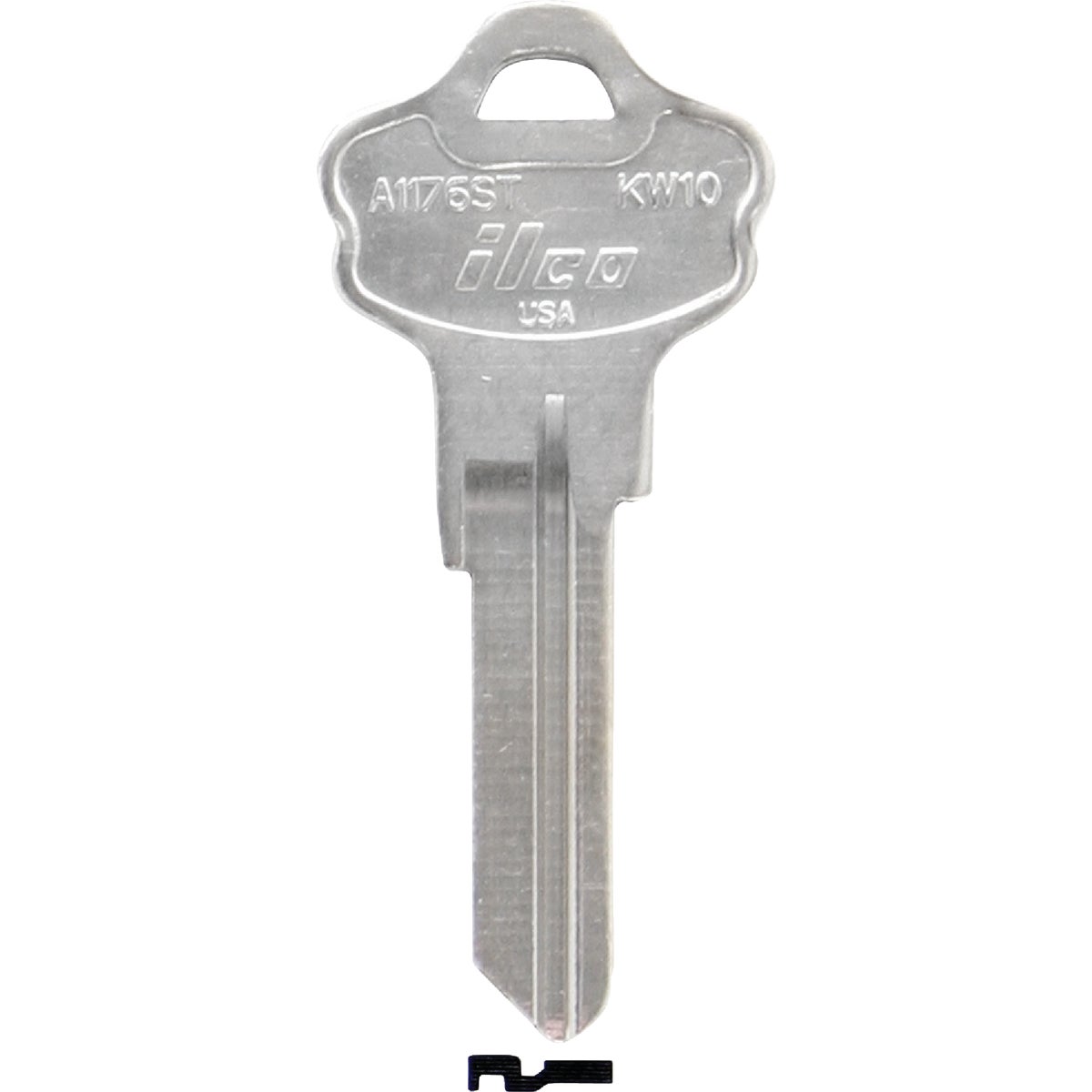 Item 235474, Nickel-plated key blank. When you order one, you will receive 10 keys.