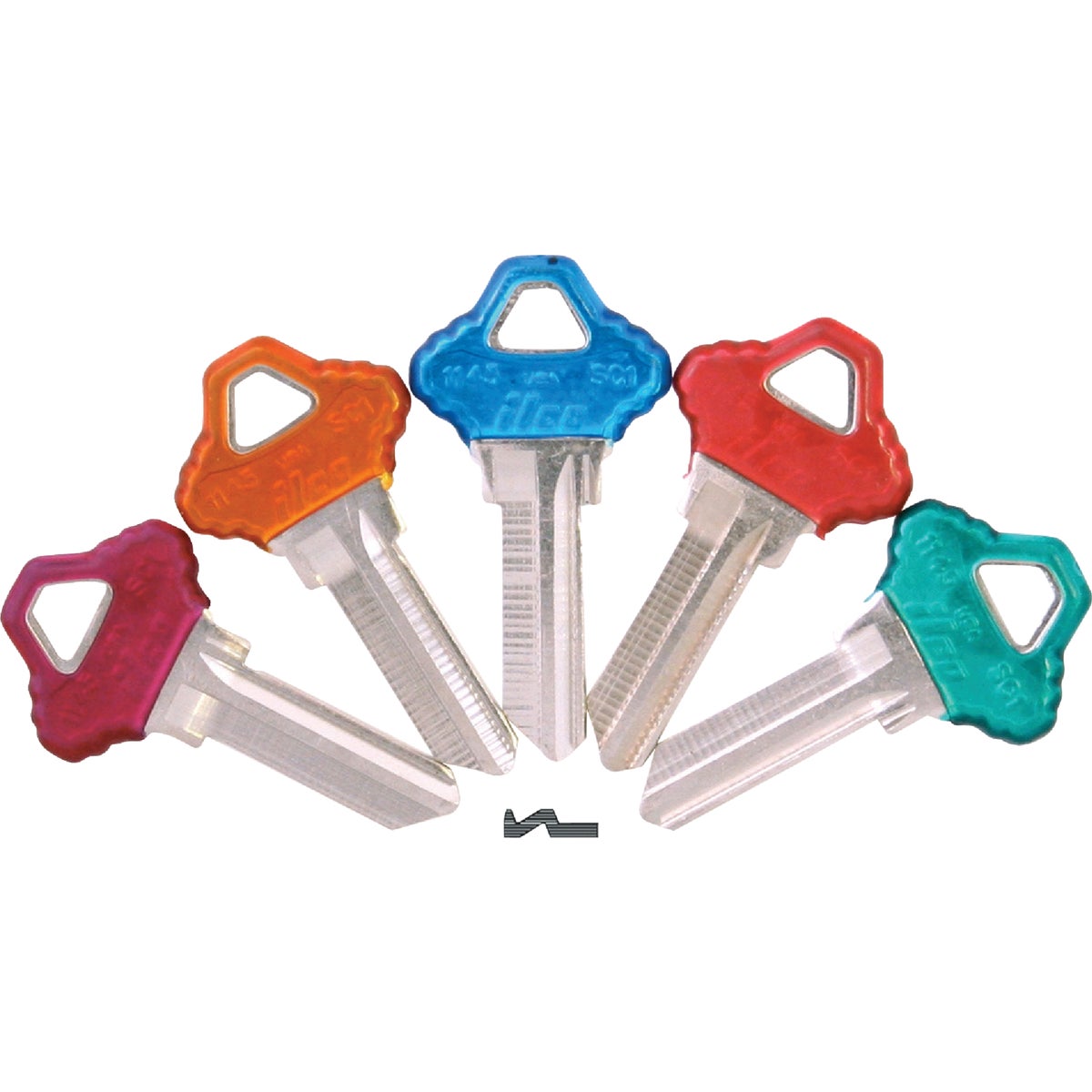 Item 235601, Nickel-plated key blank with plastic-coated head.