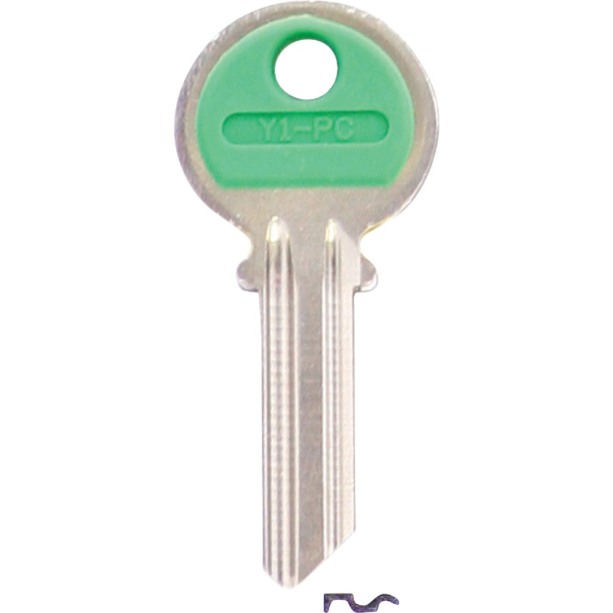 Item 235757, Nickel-plated key blank with plastic insert.
