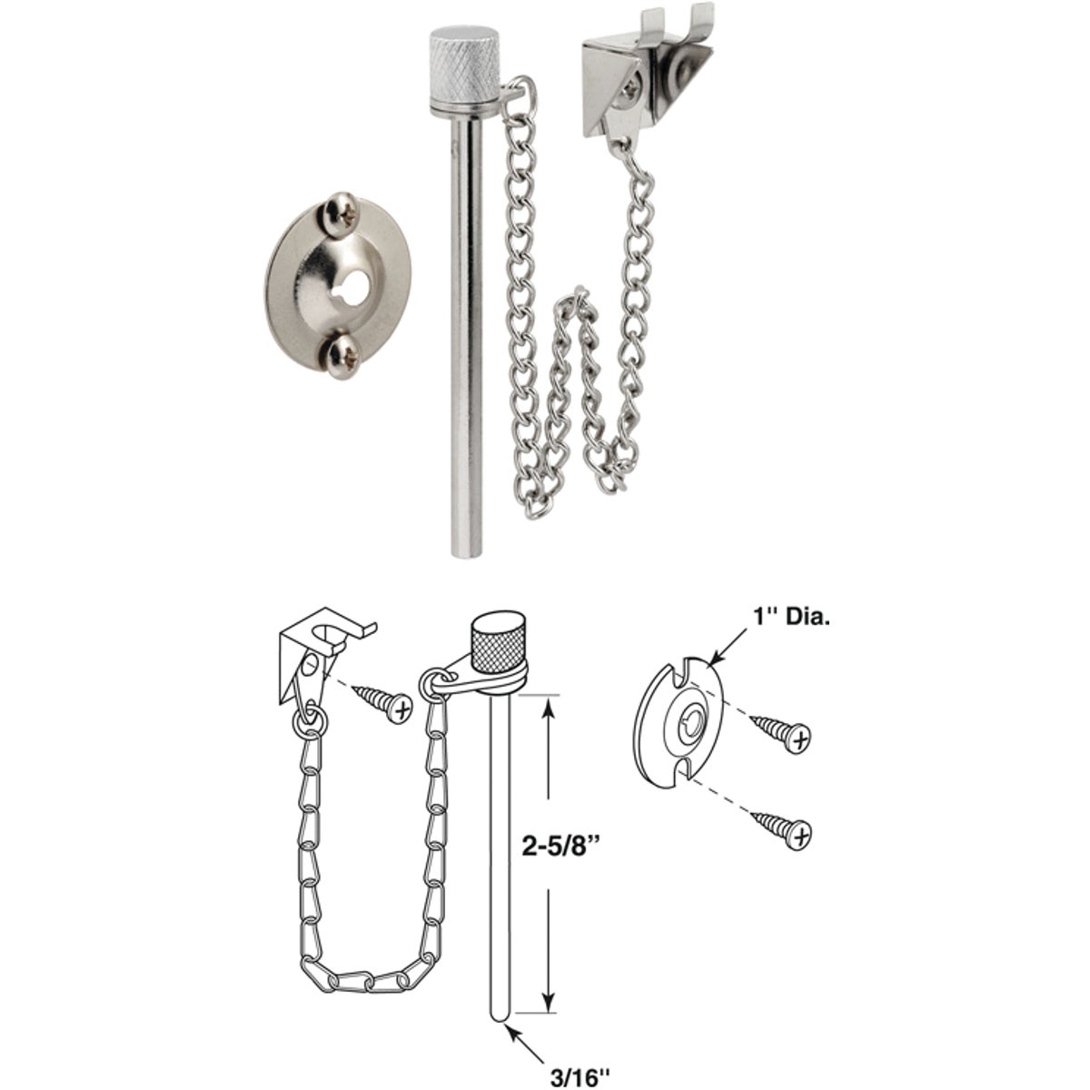 Item 236098, Steel finish patio door security pin. 2-3/4 In. pin. 6 In. chain.