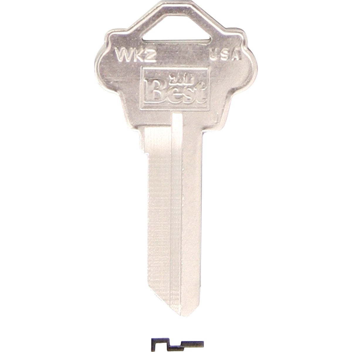 Item 237390, Nickel-plated key blank. Brass construction.