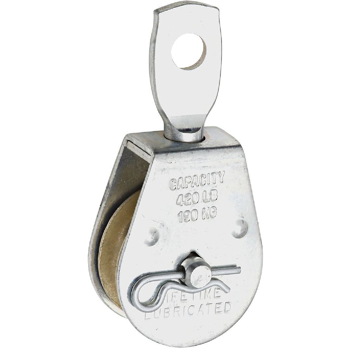 Item 237620, Durable swivel eye rope pulley.