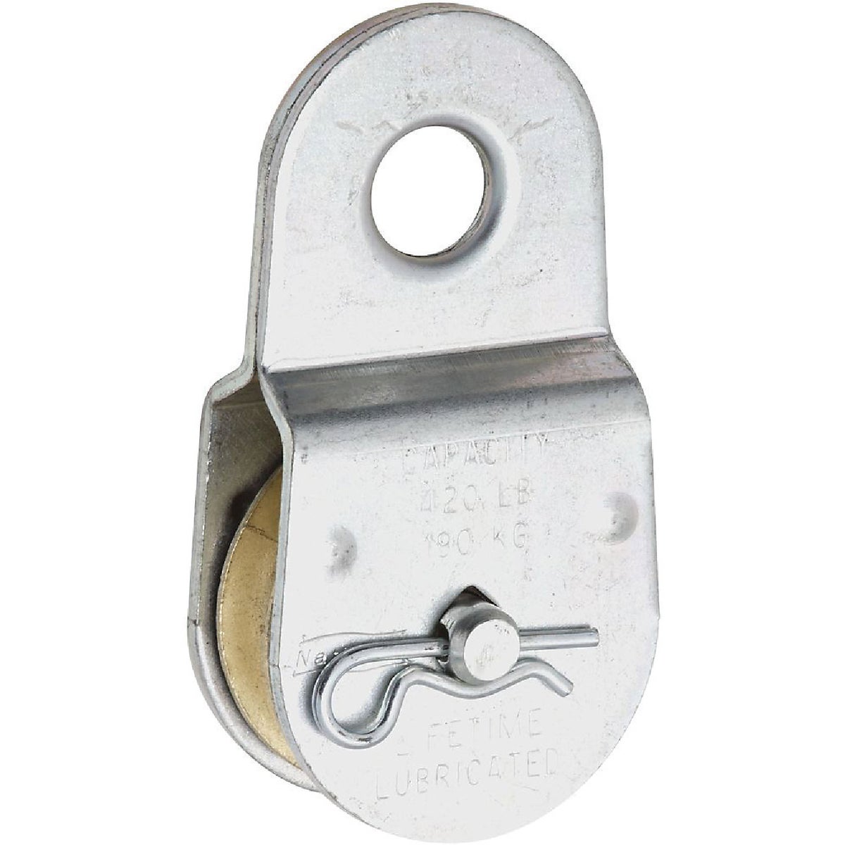 Item 237666, Durable fixed eye steel rope pulley.