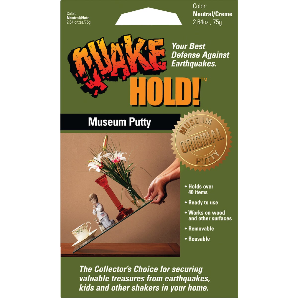 Item 240536, Removable, reusable, and nontoxic putty secures antiques, collectibles, and