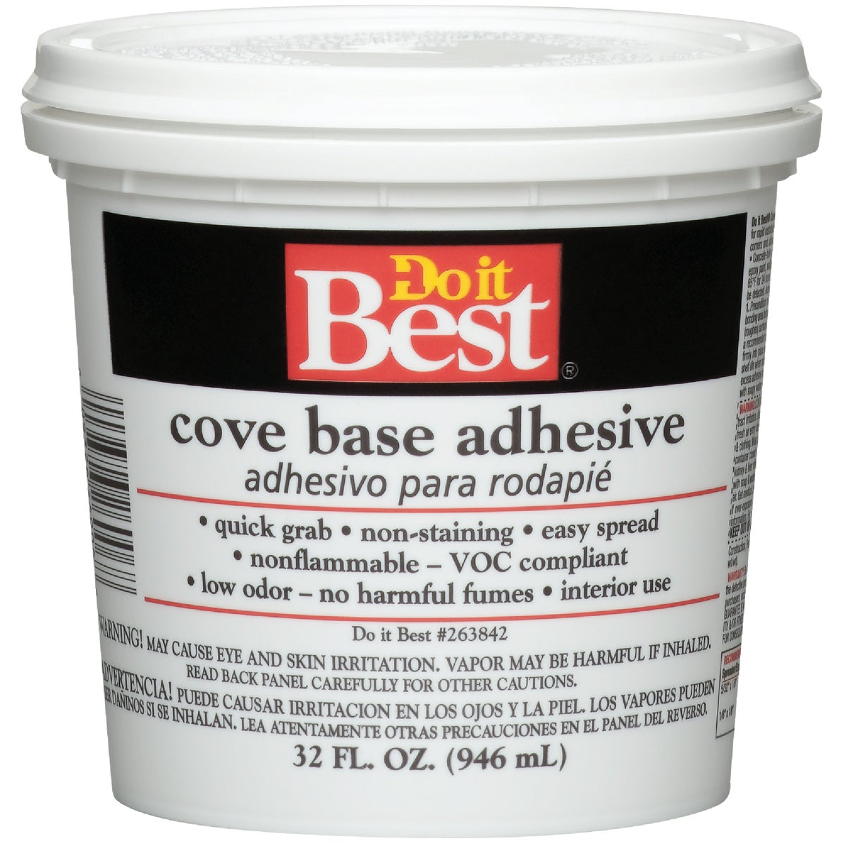 Item 263842, Easy-spread, permanent application of rubber and vinyl cove base.