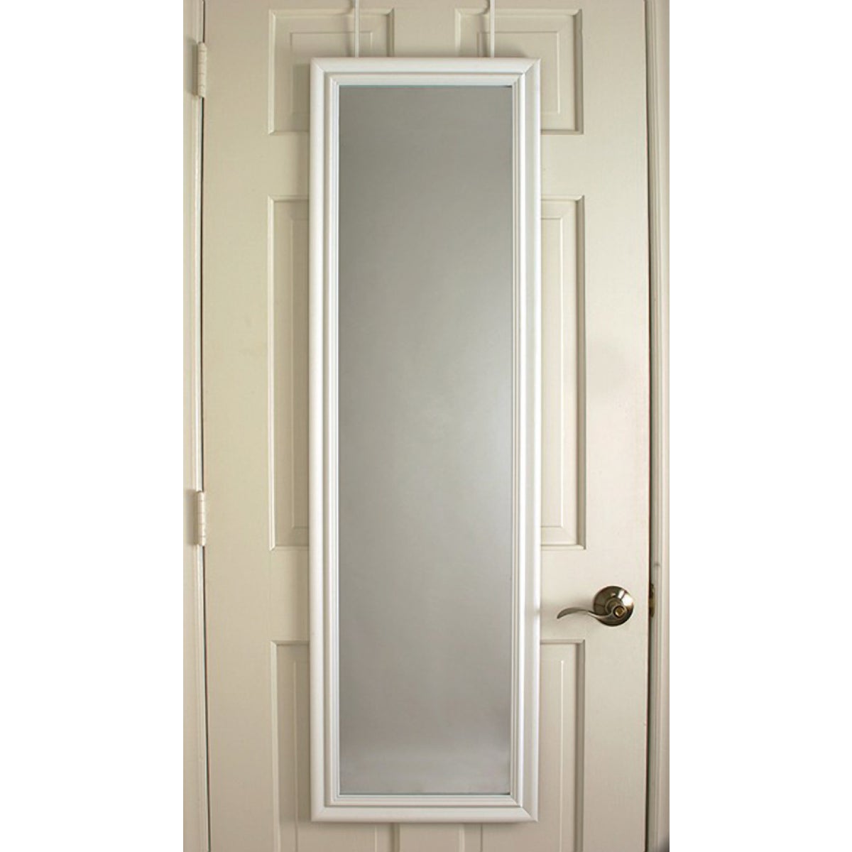 Item 264430, 15" W x 51" H, white framed door mirror. Frame made of MDF board.