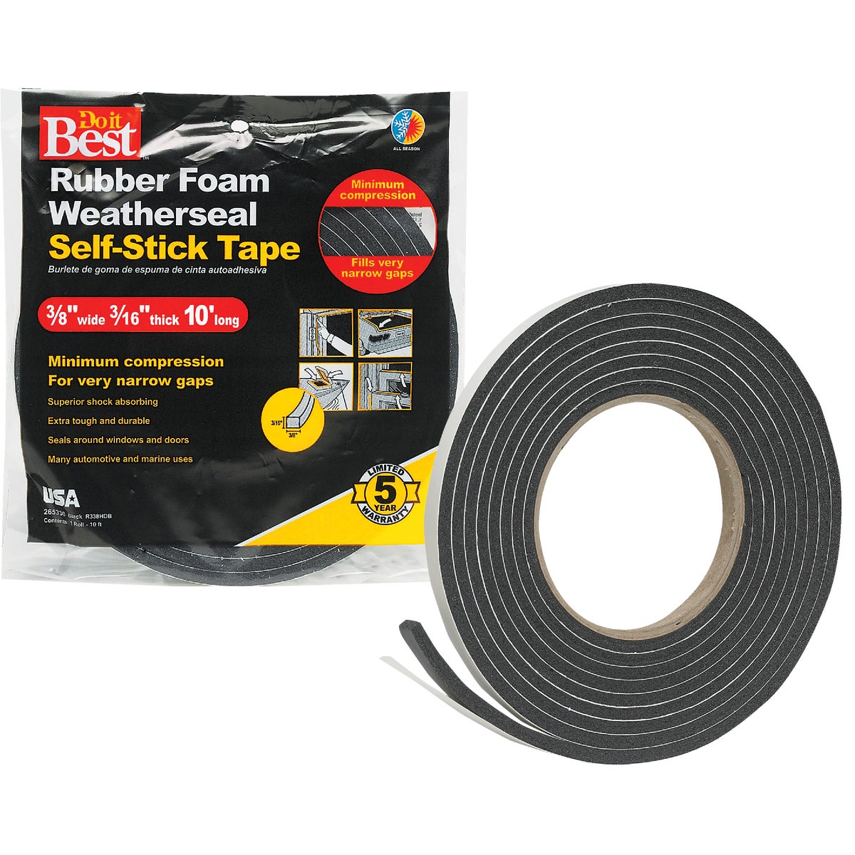 Item 265330, Do it Best's Rubber Foam Weatherseal is a tough, durable self-stick tape 