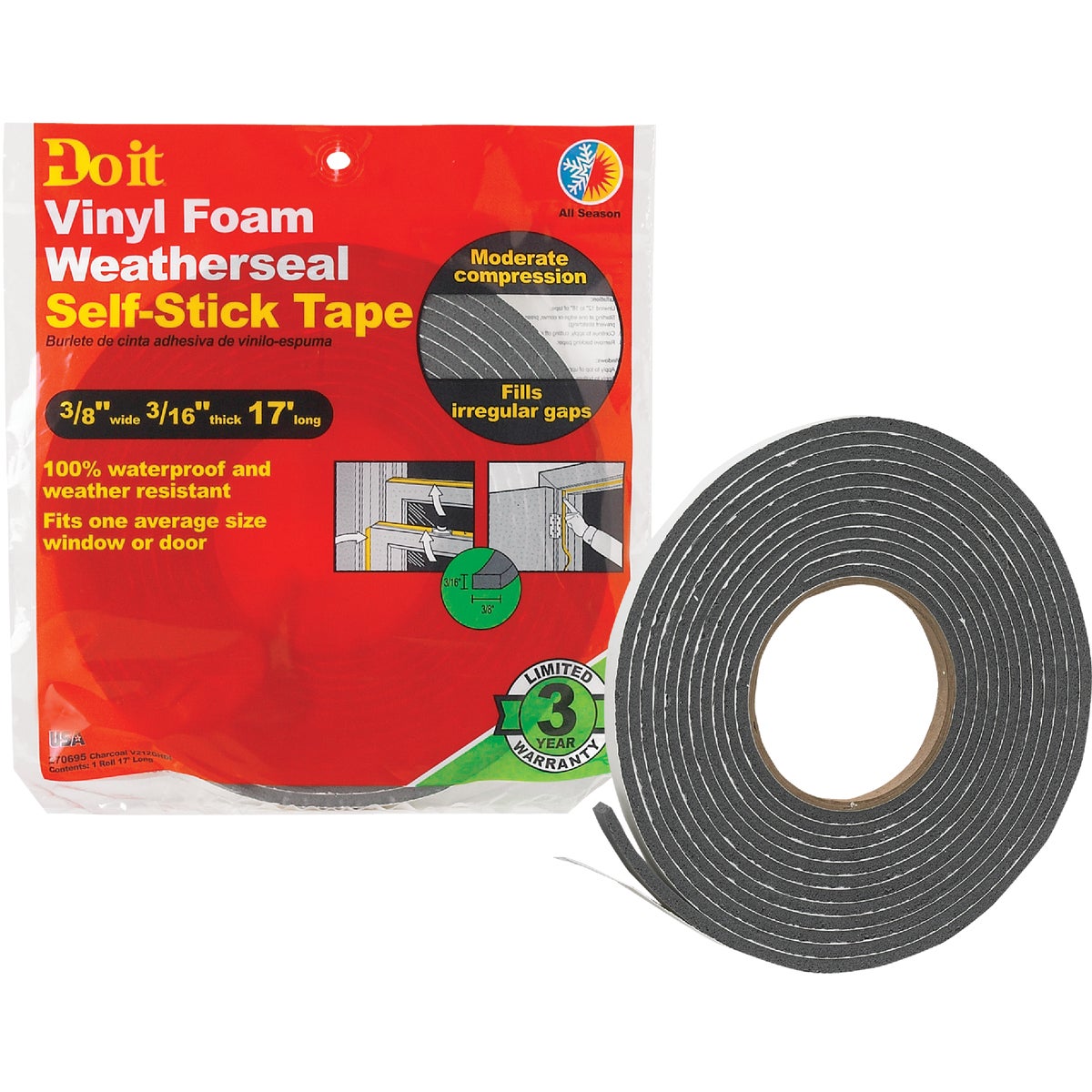 Item 270695, This Do it Vinyl Foam Weatherseal is an extremely versatile self-stick tape