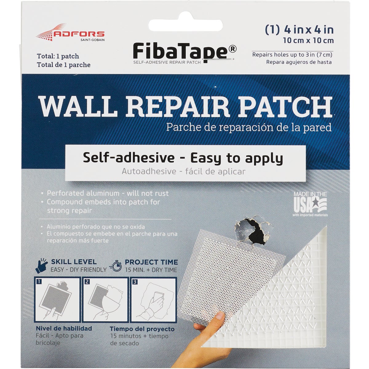 Item 283010, Easy-to-use metal reinforced patch for repairing holes in drywall, plaster 