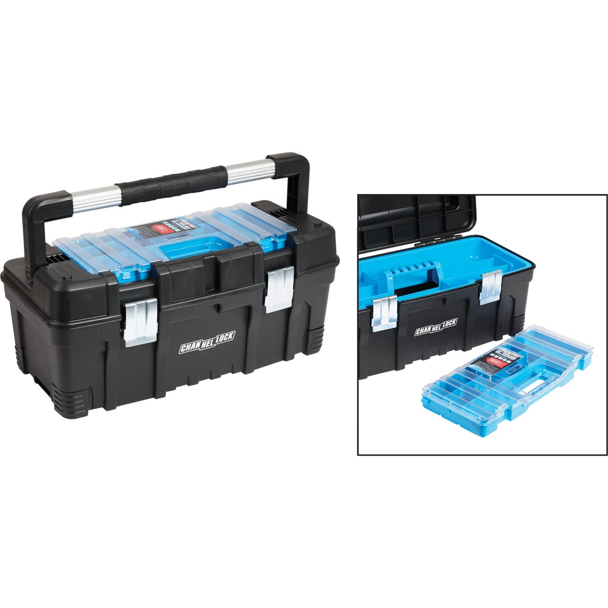 Item 300142, This Channellock toolbox features a removable plastic organizer with 11 