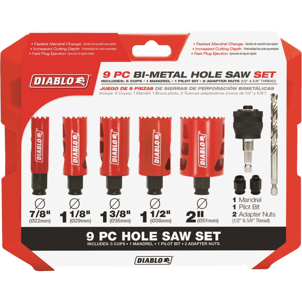 Item 300853, Diablo 9-piece hole saw kit features 5 bi-metal hole saw cups and 4-piece 