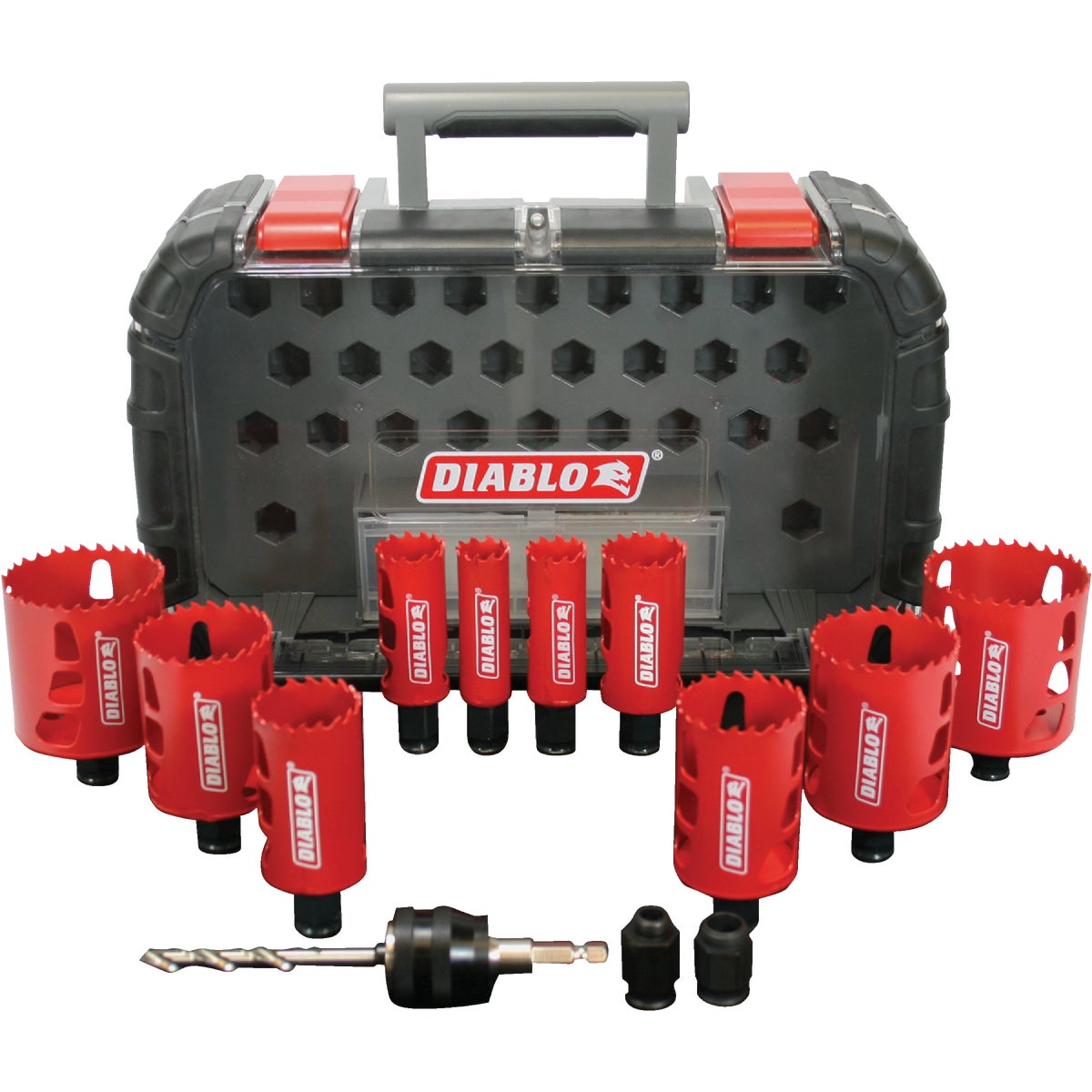 Item 300873, Diablo 14-piece hole saw kit features 10 bi-metal hole saw cups and 4-piece