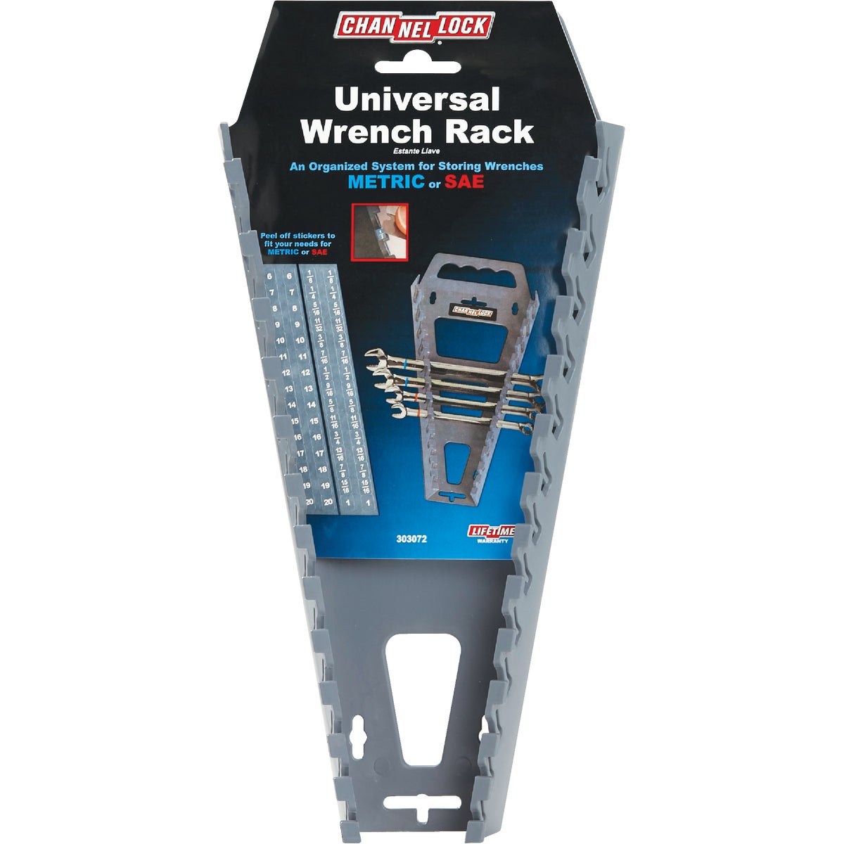 Item 303072, Tough universal combination wrench rack holds 13 wrenches.