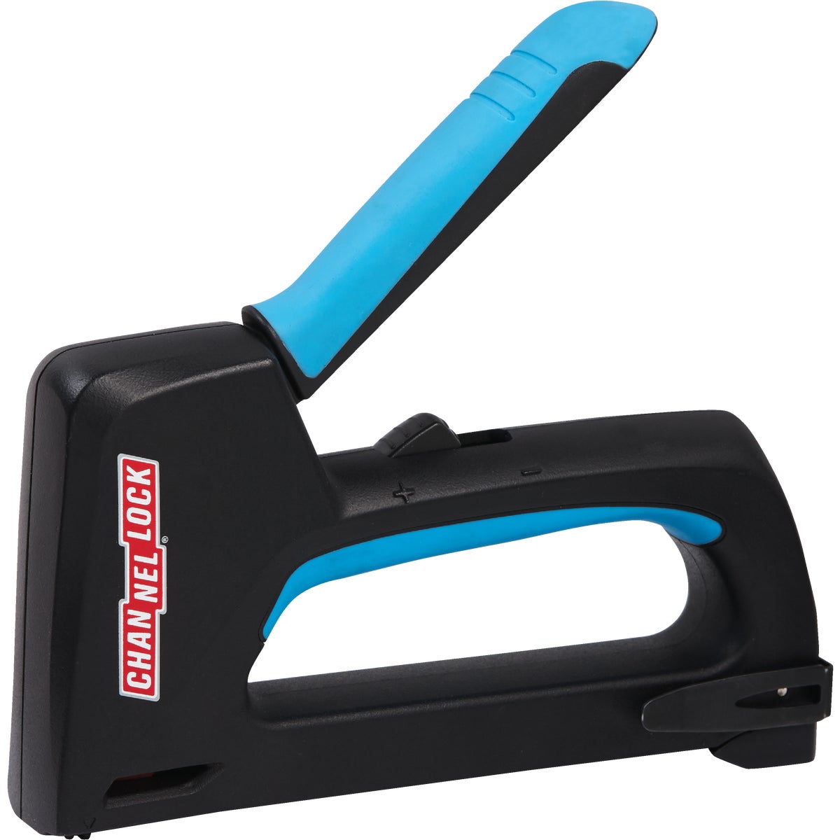 Item 303467, The Channellock 5 in 1 stapler drives 5 different types of fasteners with 