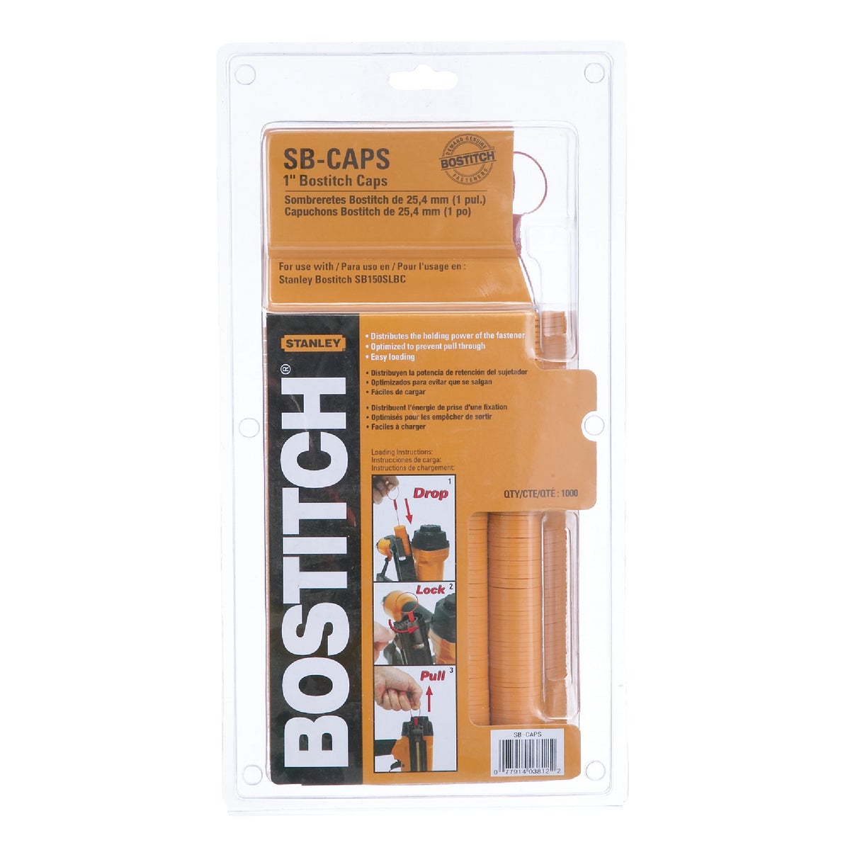Item 316713, 1" caps for use with Bostitch cap stapler model No. SB150SLBC-1.