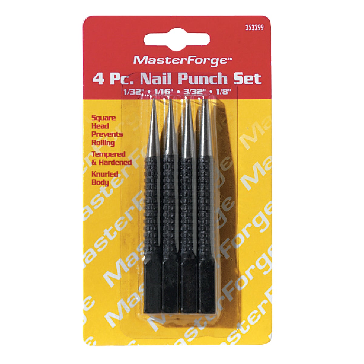 Item 353299, This 4-piece nail set is constructed of hardened tempered steel with 