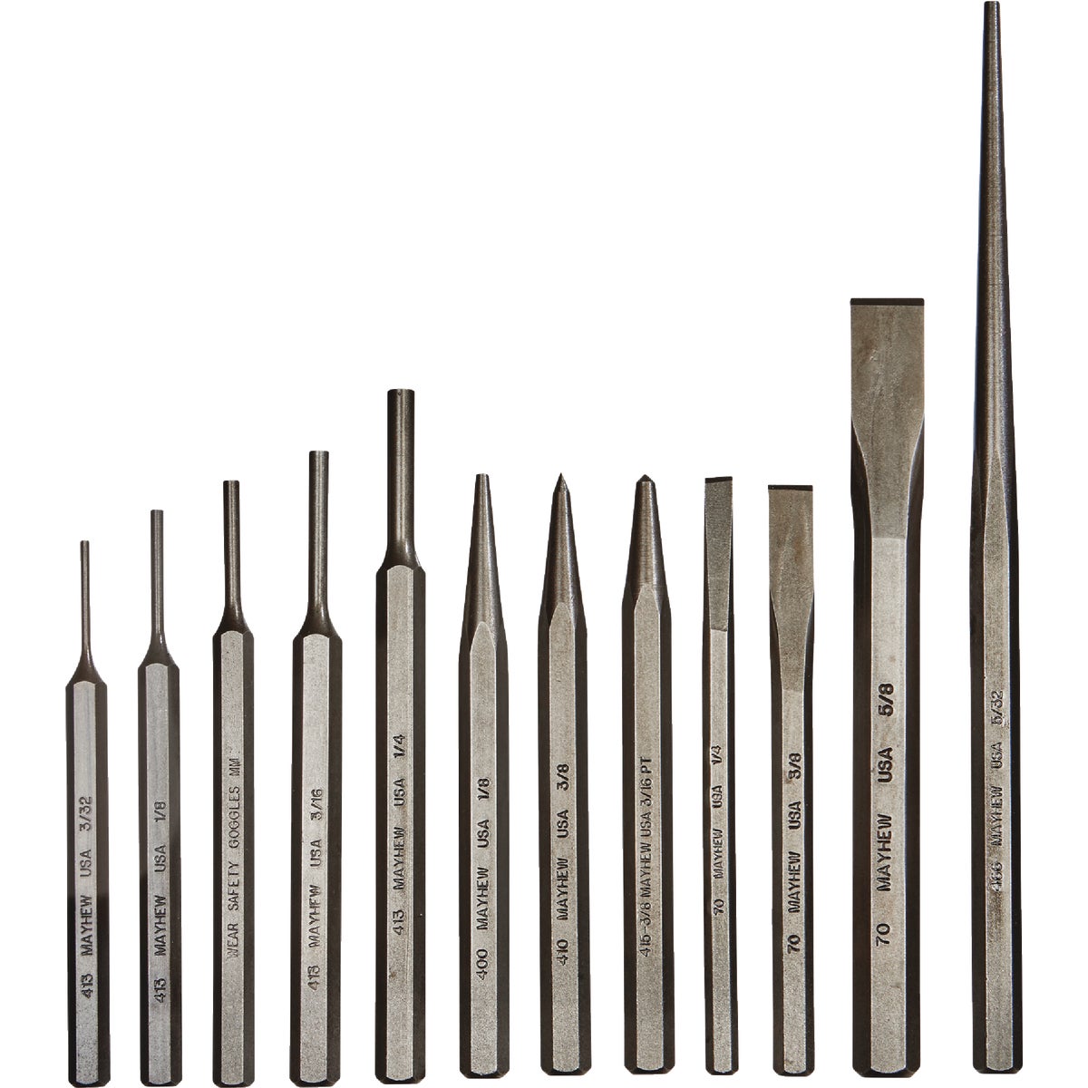 Item 372846, The Mayhew 12 Piece Punch and Chisel set has an assortment of punches, 