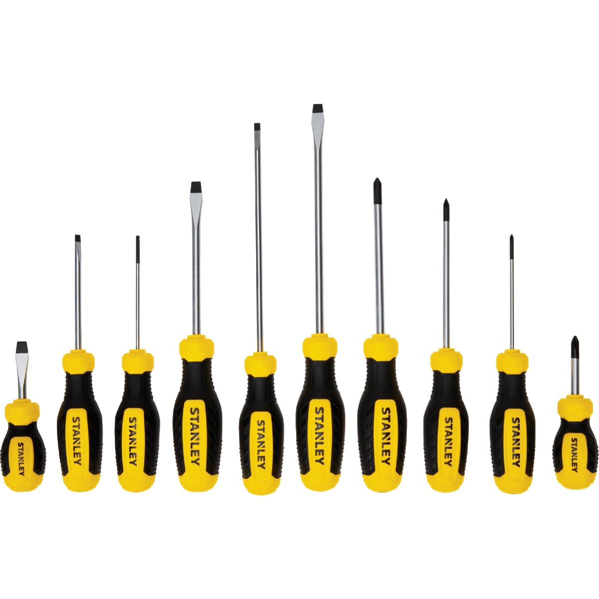 Item 375101, The Stanley 10-piece screwdriver set features popular tip sizes with black 