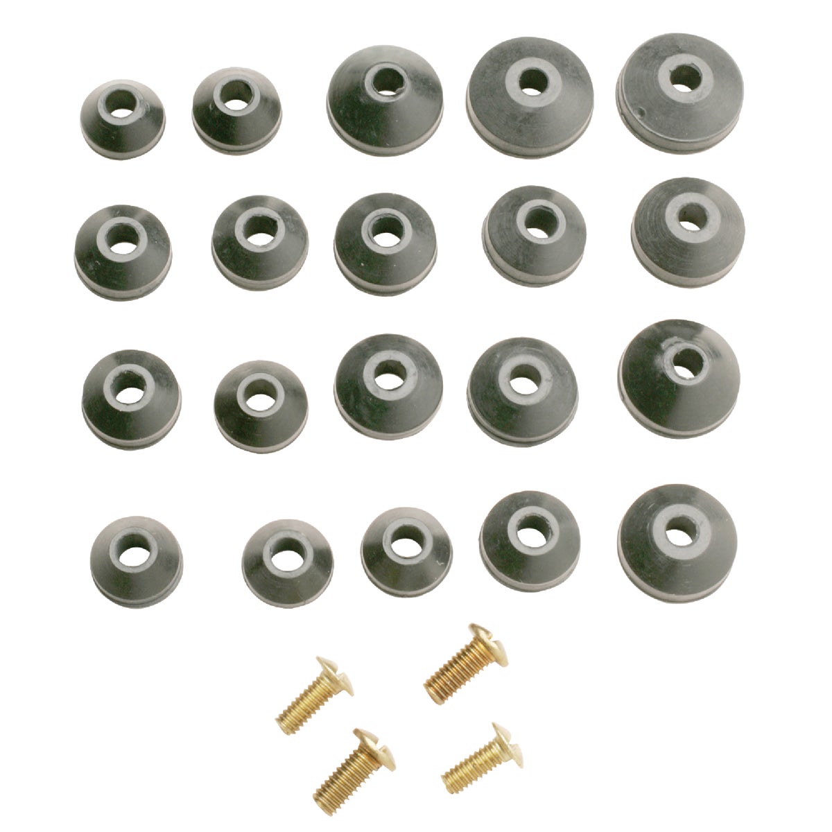 Item 400346, 20 beveled neoprene faucet washers of assorted sizes, and 4 screws.
