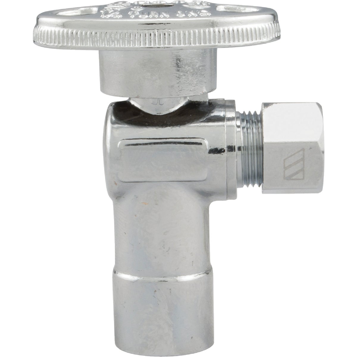 Item 400748, 1/4-turn angle valve controls water flow to household plumbing fixtures.