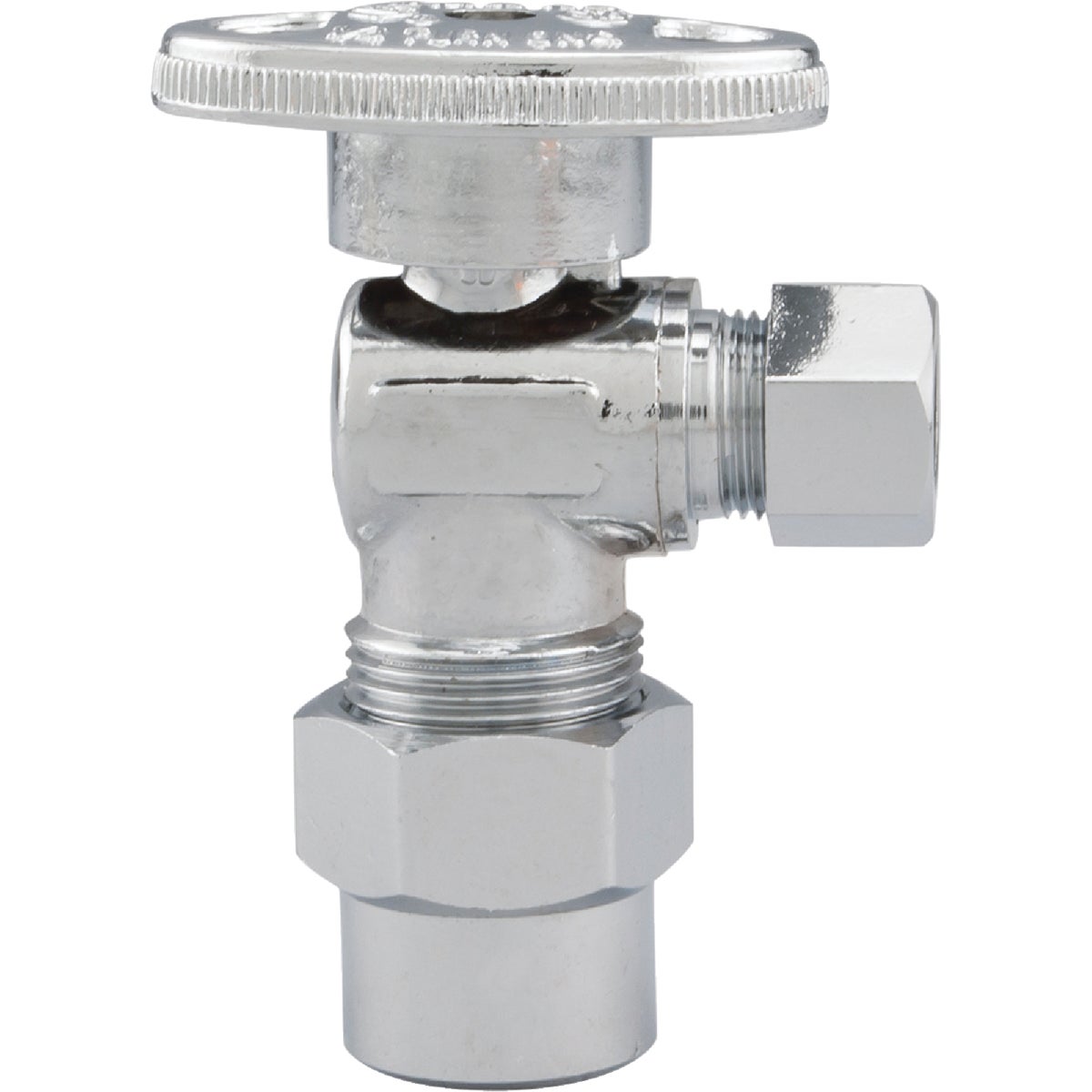 Item 400749, 1/4-turn angle valve controls water flow to household plumbing fixtures.