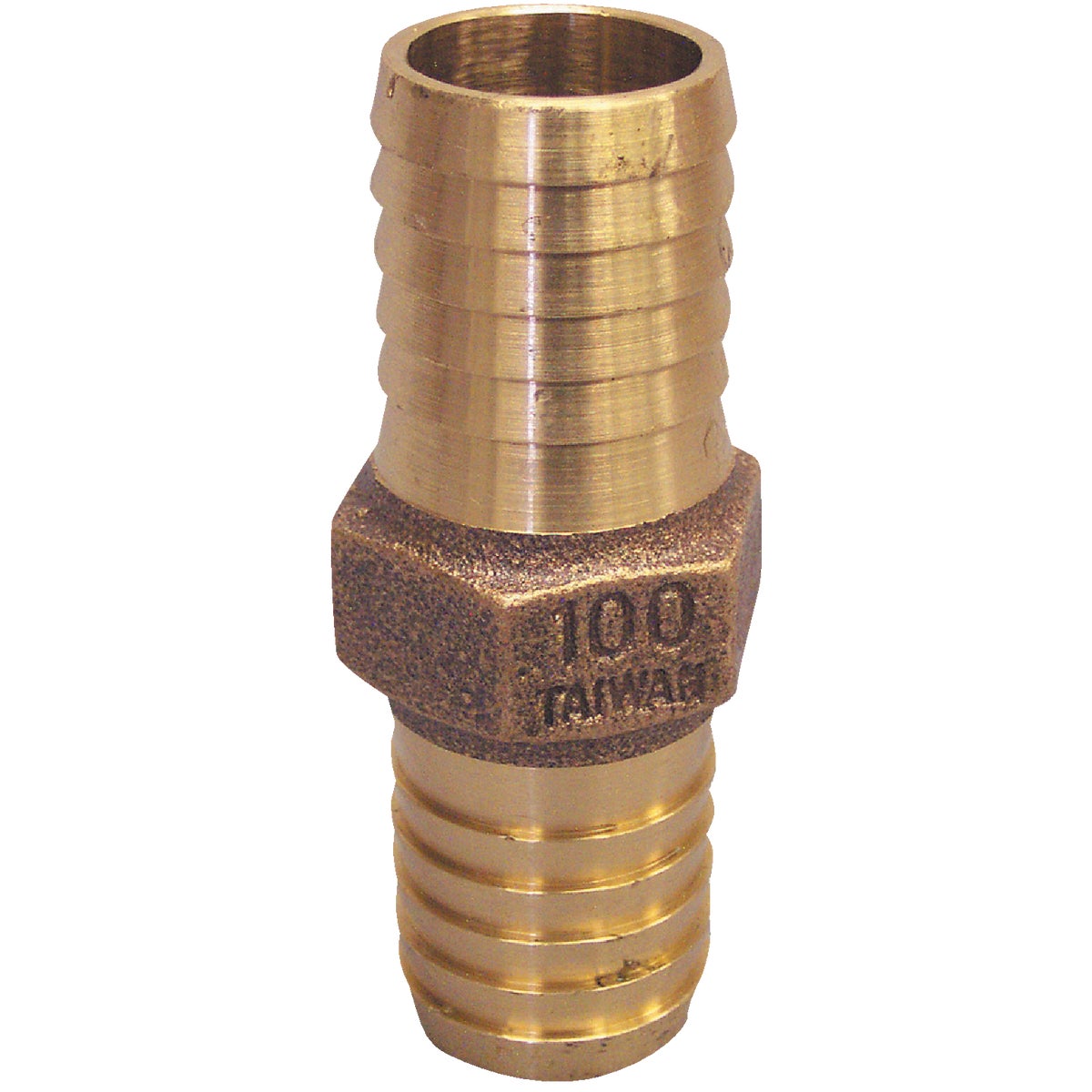 Item 400914, Heavy-duty red brass coupling with hex shoulder, for use with polyethylene 