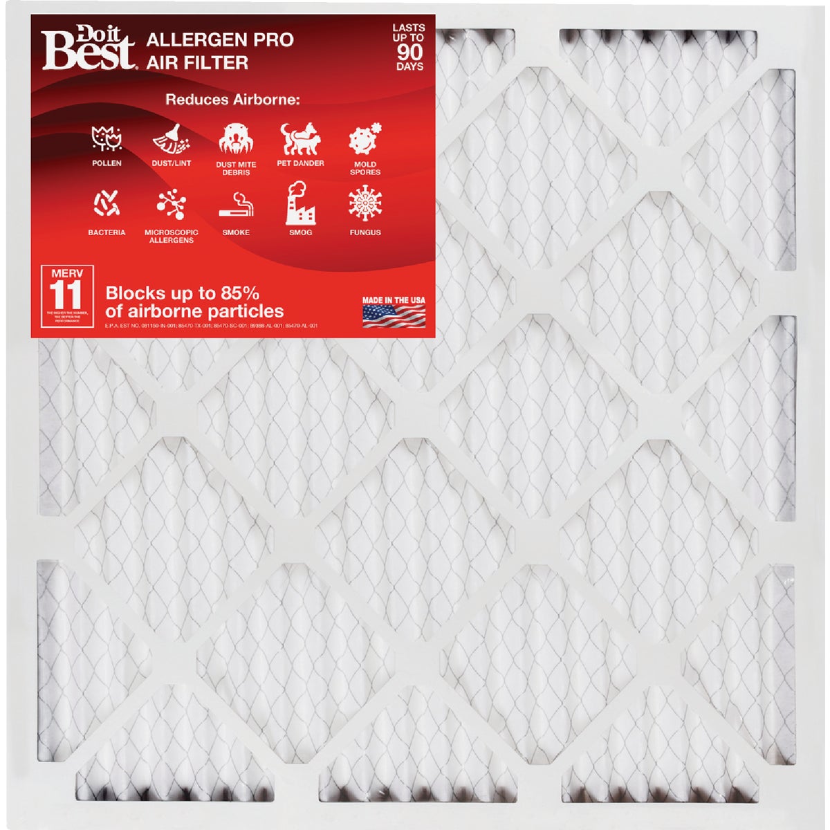 Item 401702, This high-efficiency air filter features a MERV 11 rating capturing a high 