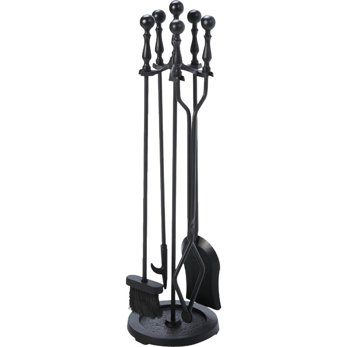Item 403384, Tool set includes poker, shovel, brush, log mover and stand with round base