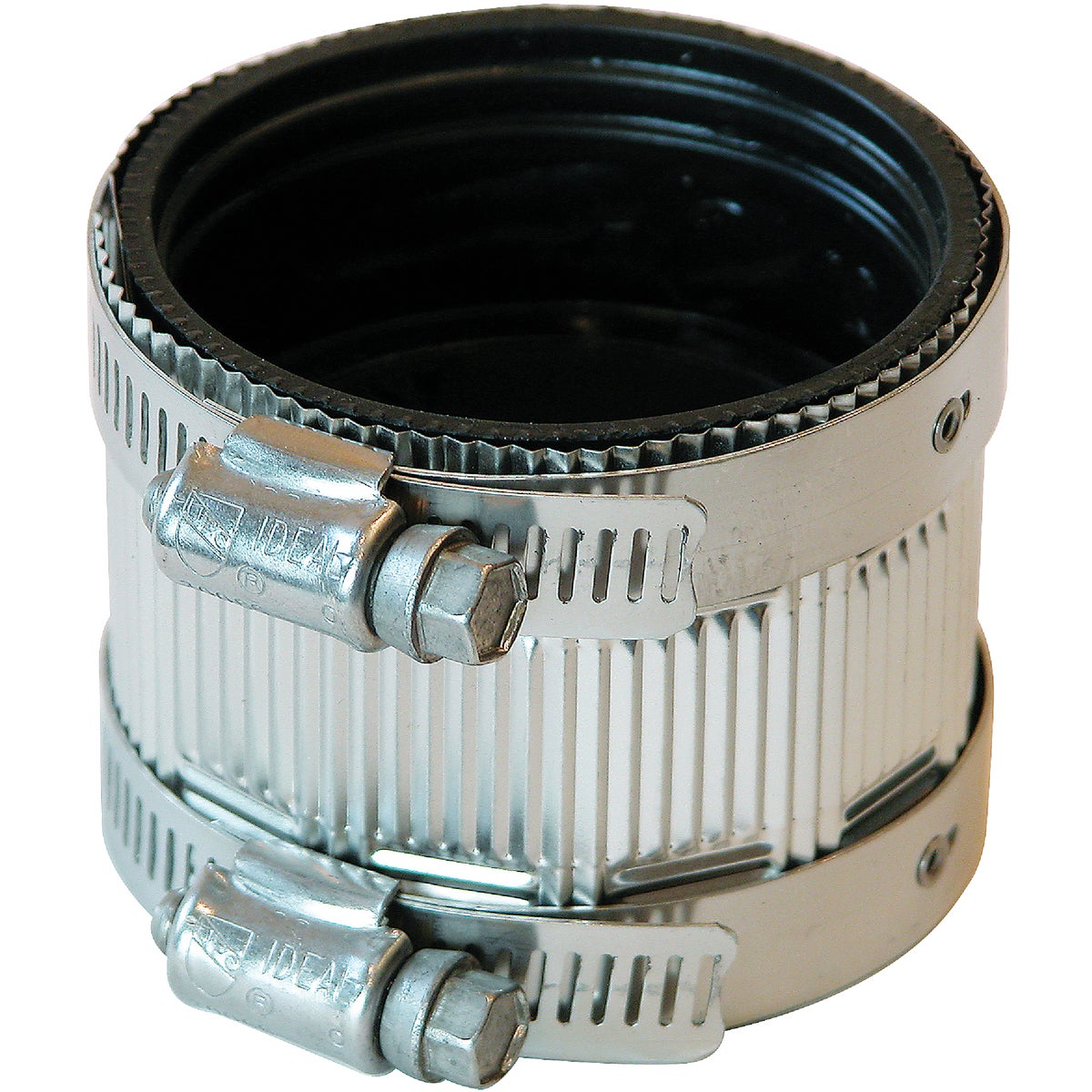 Item 407269, No-hub coupling made of 100% neoprene with stainless steel clamps.