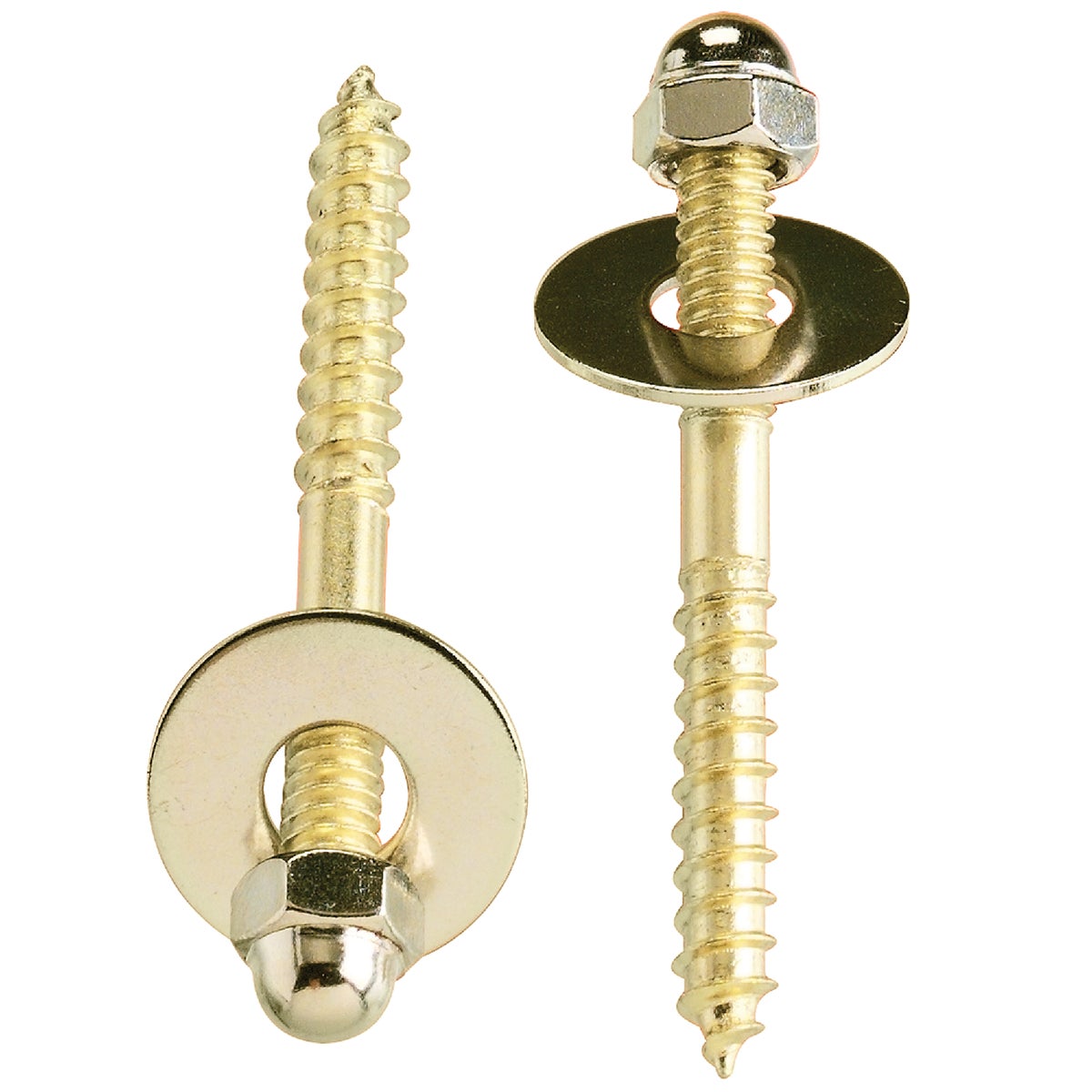 Item 414689, Contains 2 each: 2-1/2" x 1/4" screws, steel, brass-plated; closed-end nuts