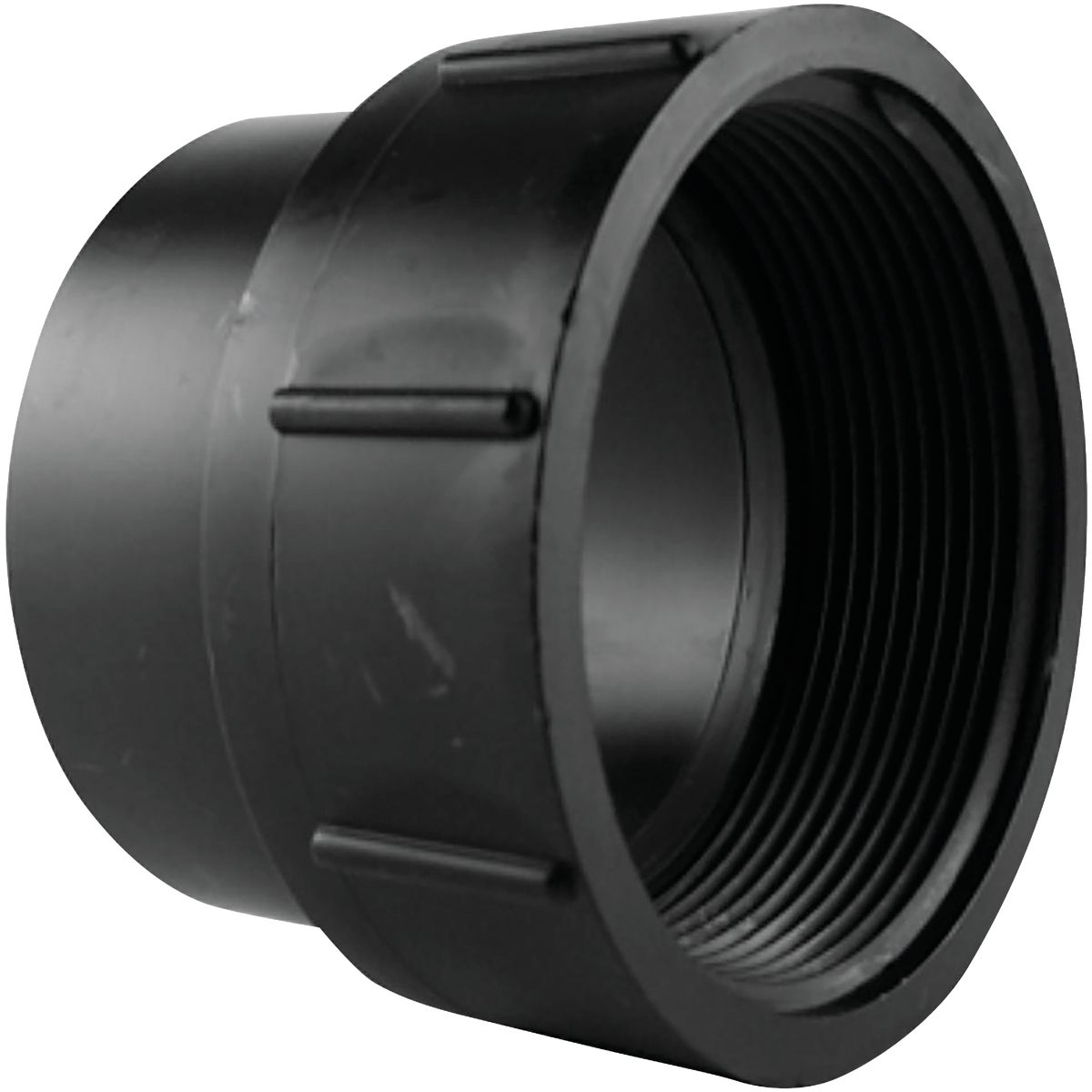 Item 418285, Conventional threaded cleanout fitting solvent welds into fitting hub and 