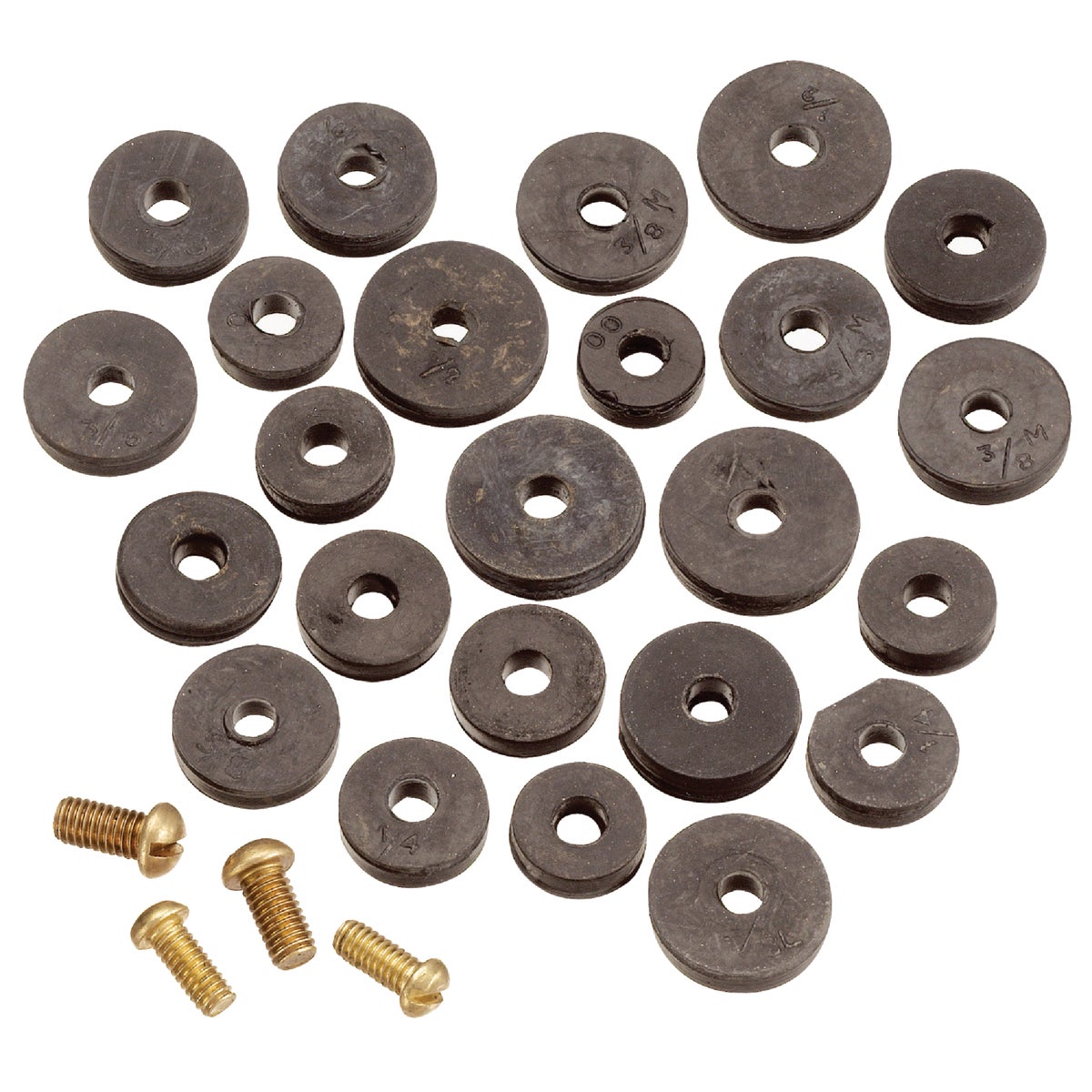 Item 426943, 20 flat faucet washers of assorted sizes, and 4 brass screws