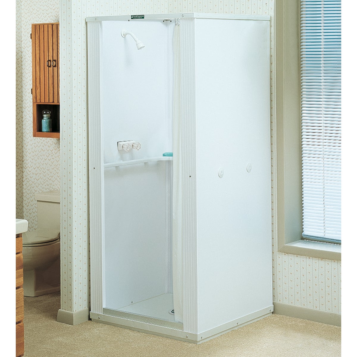 Item 440507, Free-standing shower with aluminum front. Knock down (KD) construction.