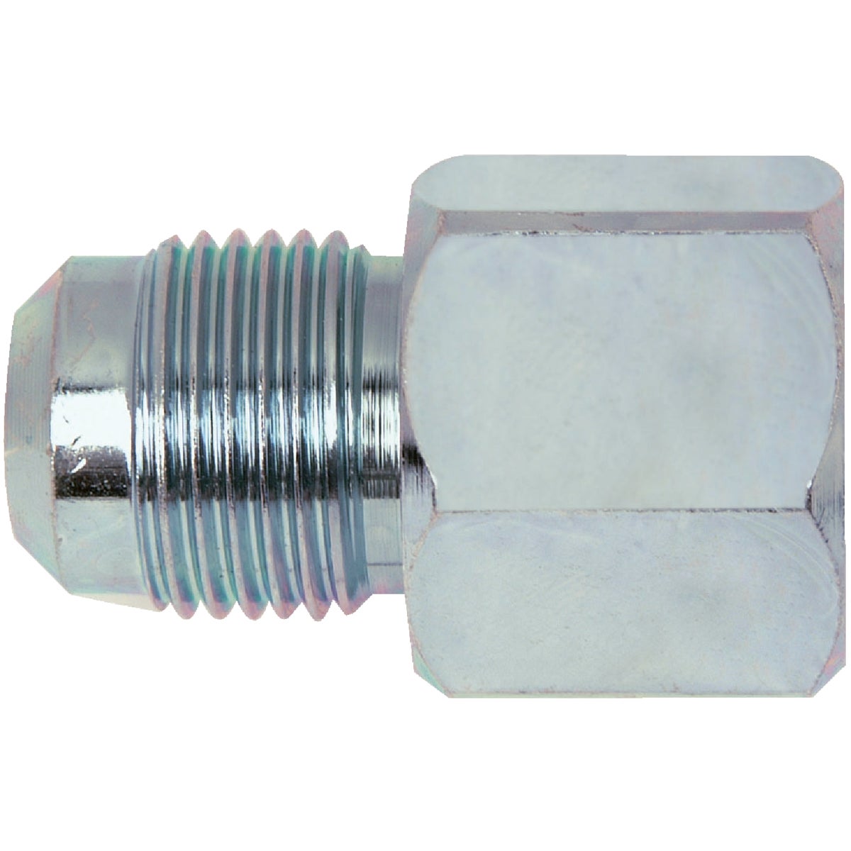 Item 443107, This Zinc-Plated Carbon Steel flare x female adapter gas fitting is 