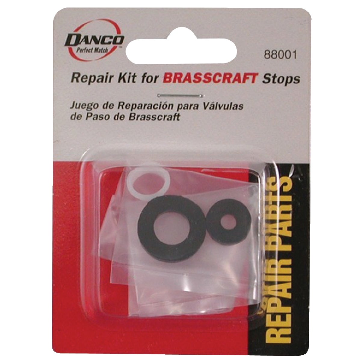 Item 446985, Stop repair kit includes packing, friction ring, and bibb washer