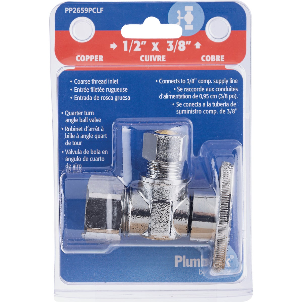 Item 464635, Quarter turn angle valve, 5/8" coarse thread inlet by 3/8" O.D. outlet.