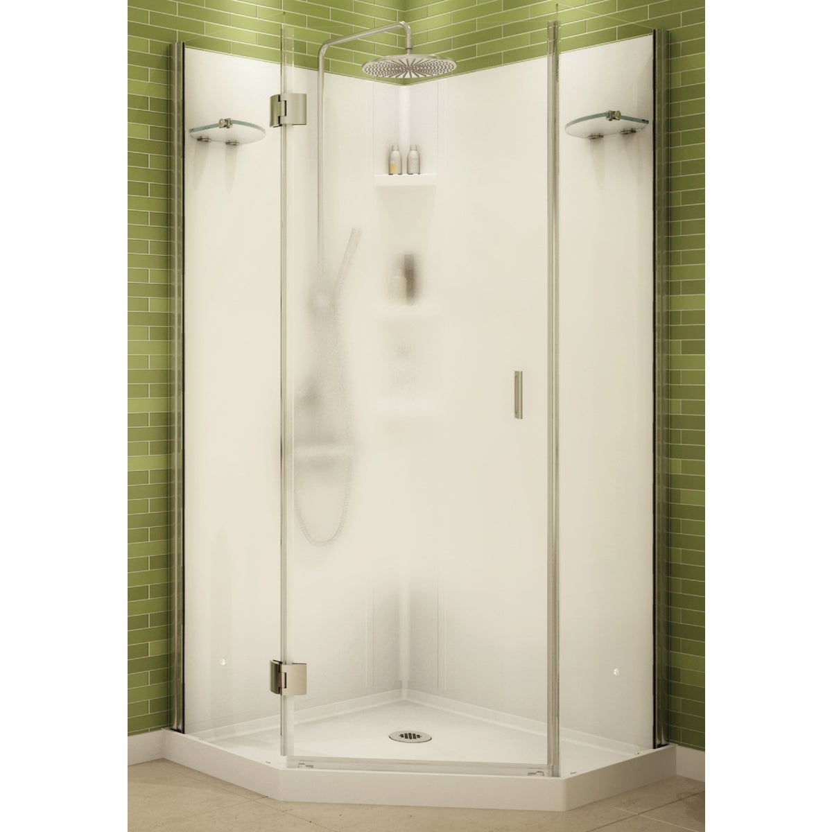 Item 464893, White frameless glass shower enclosure.