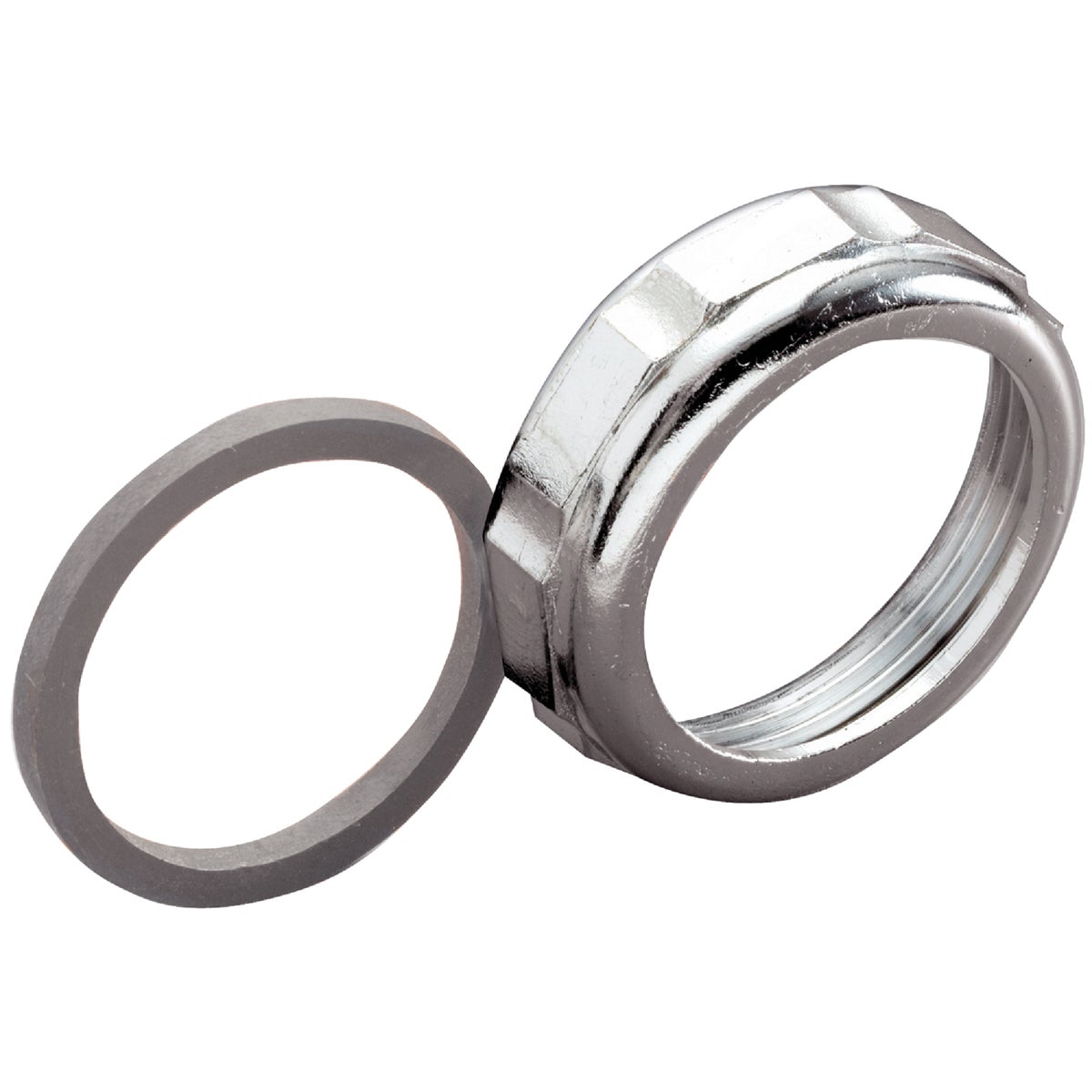 Item 495344, Chrome-plated die-cast nut with poly washer.
