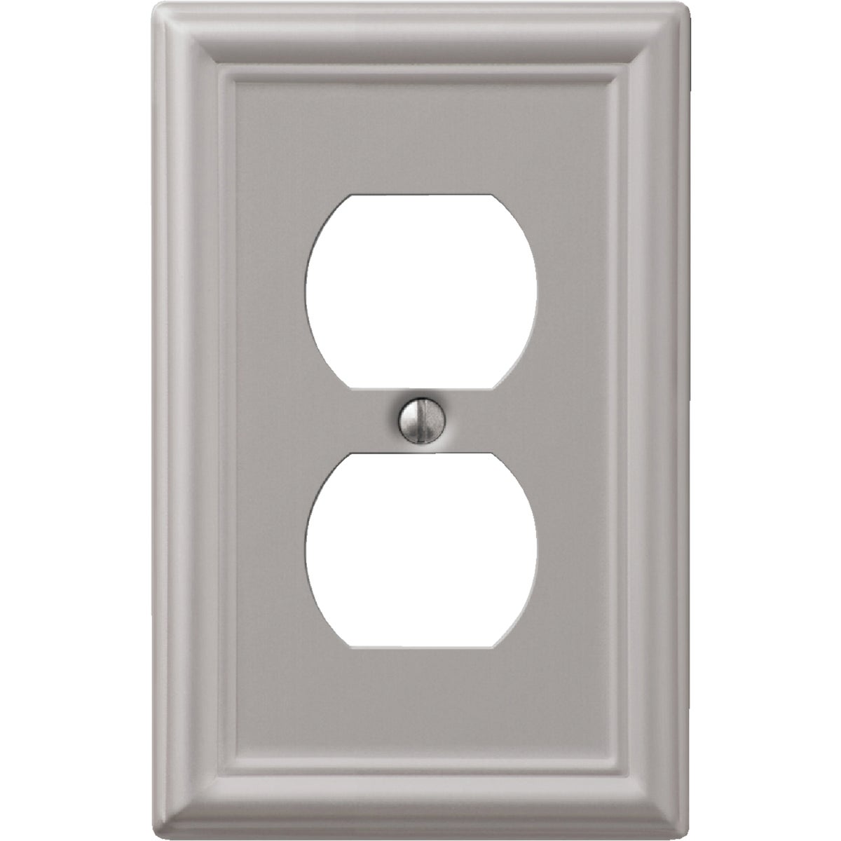 Item 500239, Chelsea stamped steel duplex outlet wall plate. Durable and stylish.
