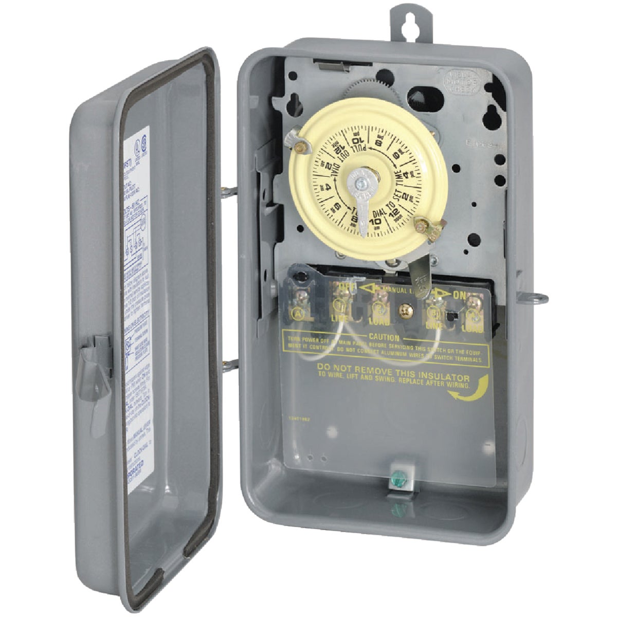 Item 500266, Mechanical 277-volt time switch with a raintight enclosure.