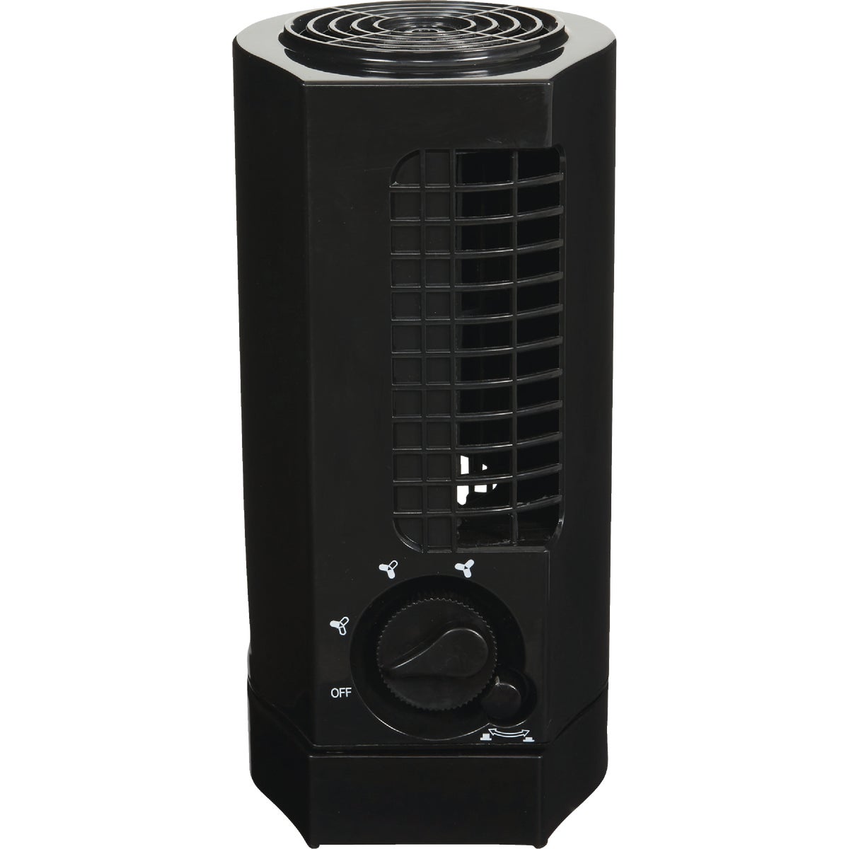 Item 501220, Mini personal tower fan. Ultra slim, provides discreet air circulation.